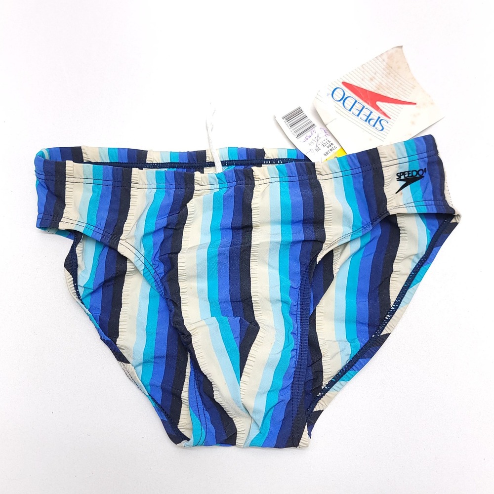 Speedo Mens Vintage Striped Swim Briefs Blue Cream Made in USA Size 32
